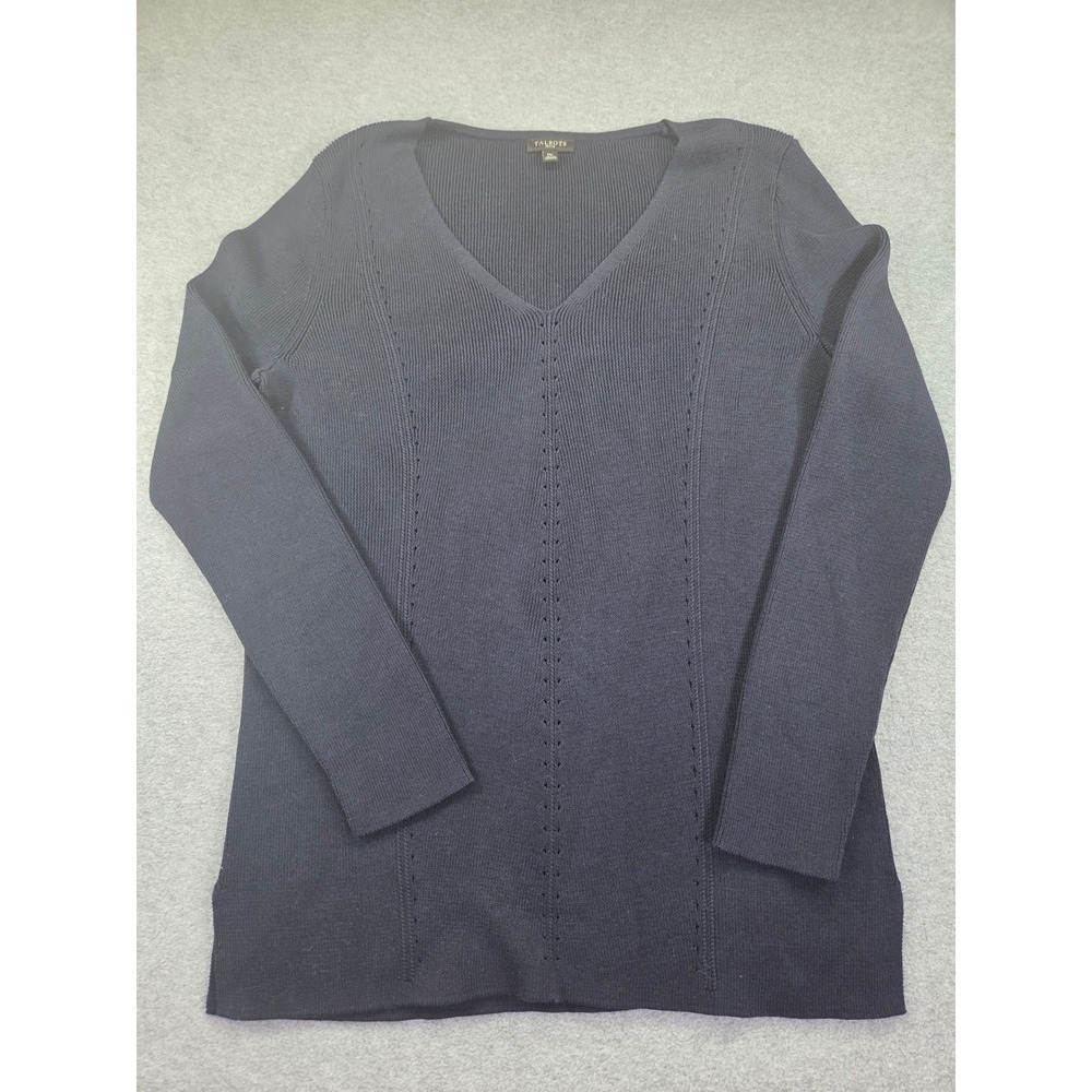 Talbots Petite V-Neck Ribbed Pointelle Knit Sweater MP Navy Blue Classic